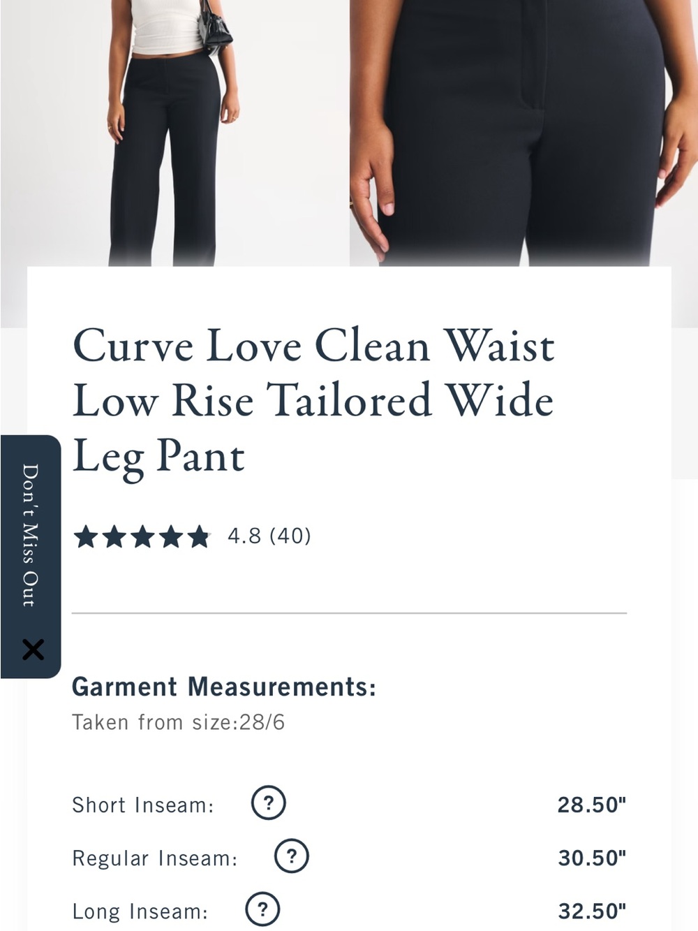 Abercrombie & Fitch Curve Love Clean Waist Low Rise Tailored Wide Leg Pant